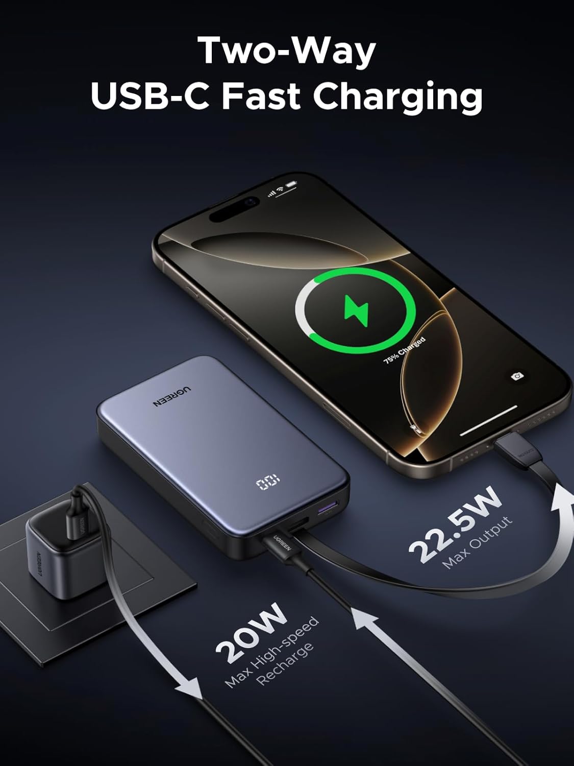 UGREEN 20000mAh 22.5W Power Bank with Built in Cable, USB Type C Portable Charger Battery Pack 3 Output with LED Display Compatible with iPhone 16 15 Pro Max, Galaxy S24 S23, Pixel 8 Pro Series