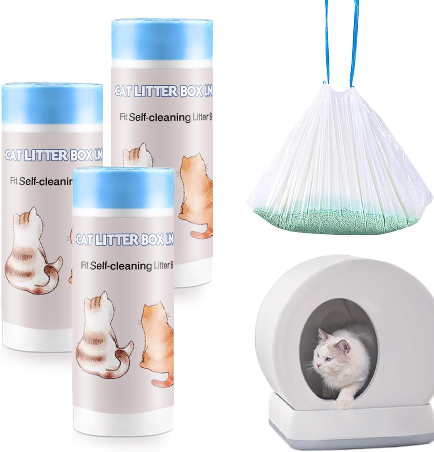 Joddguu 100 Count Self-Cleaning Cat Litter Box Liners Compatible With MW-SC01/MW-SC02/MW-LR01 Automatic Cat Litter Box, Drawstring Heavy Duty Kitty Litter Bags Replacement Trash Bag -18" x 12.6"