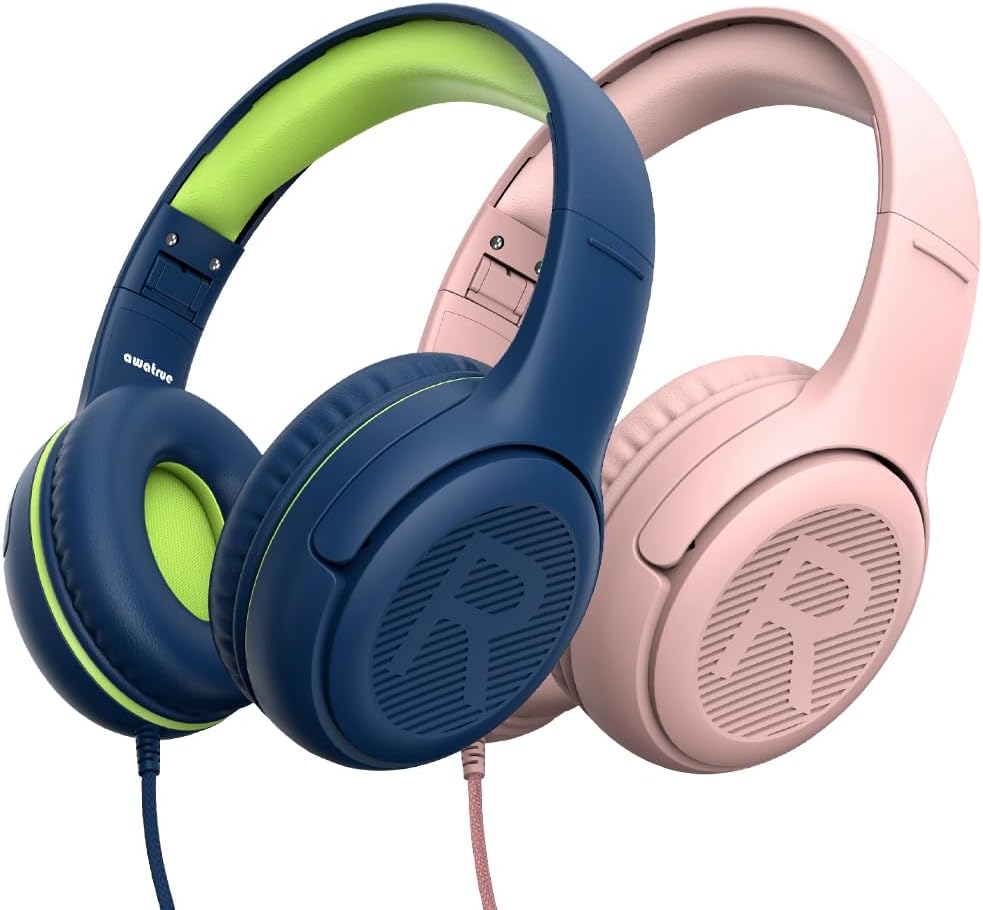 awatrue Kids Headphones with Microphone, Wired Headphones for Kids 85/94dB Safe Volume Limit, Over Ear Headsets, Boys Girls Childrens Headphones for School/Travel/Fire Tablet/BlueOrange