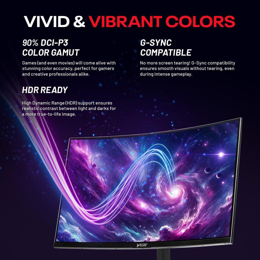Skytech Gaming 27-inch Curved Gaming Monitor up to 180Hz, QHD 2K(2560 x 1440), 3.7ms Response Time, 1500R VA Panel, FreeSync & G-Sync Support, Swivel Tilt Height Pivot Adjustable, HDMI & DisplayPort