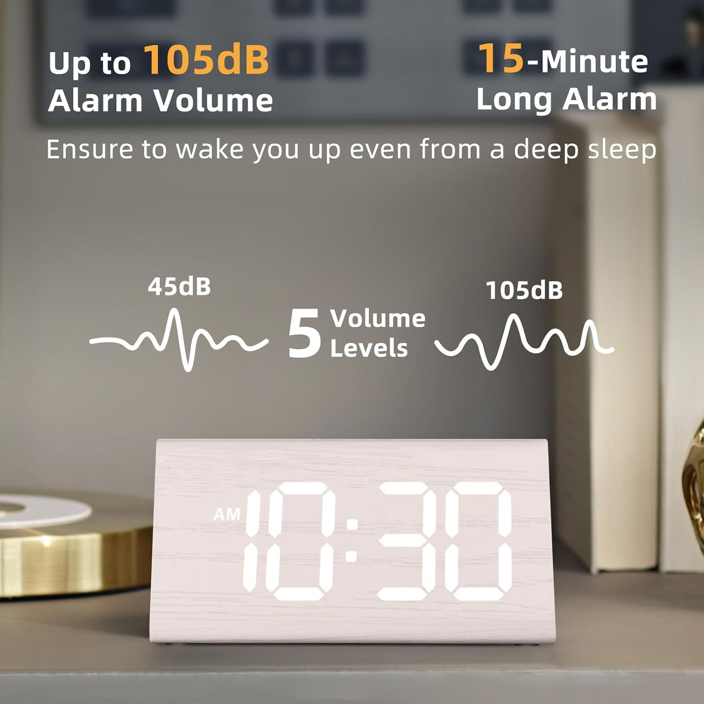 Odokee Wooden Digital Alarm Clock for Bedroom: Electric Desk Clock with Large LED Display - Brown
