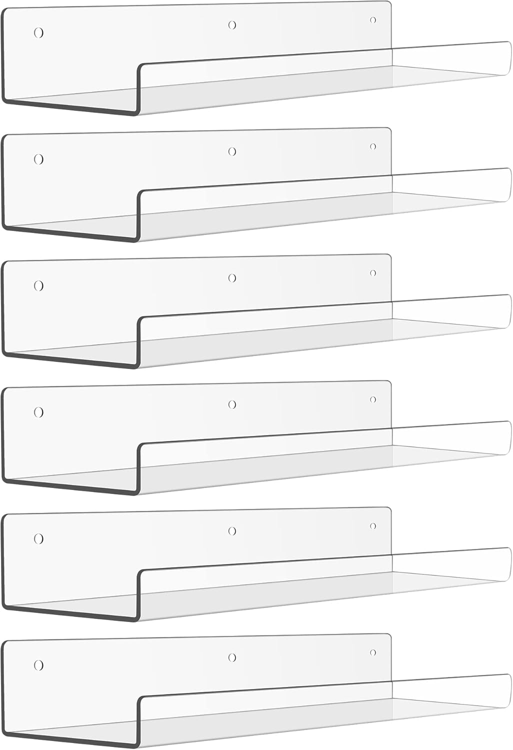 upsimples Clear Acrylic Shelves for Storage, 15" Floating Shelves Wall Mounted for Kids Bookshelf/Display Ledge for Bedroom, Living Room, Bathroom, Kitchen, Set of 4