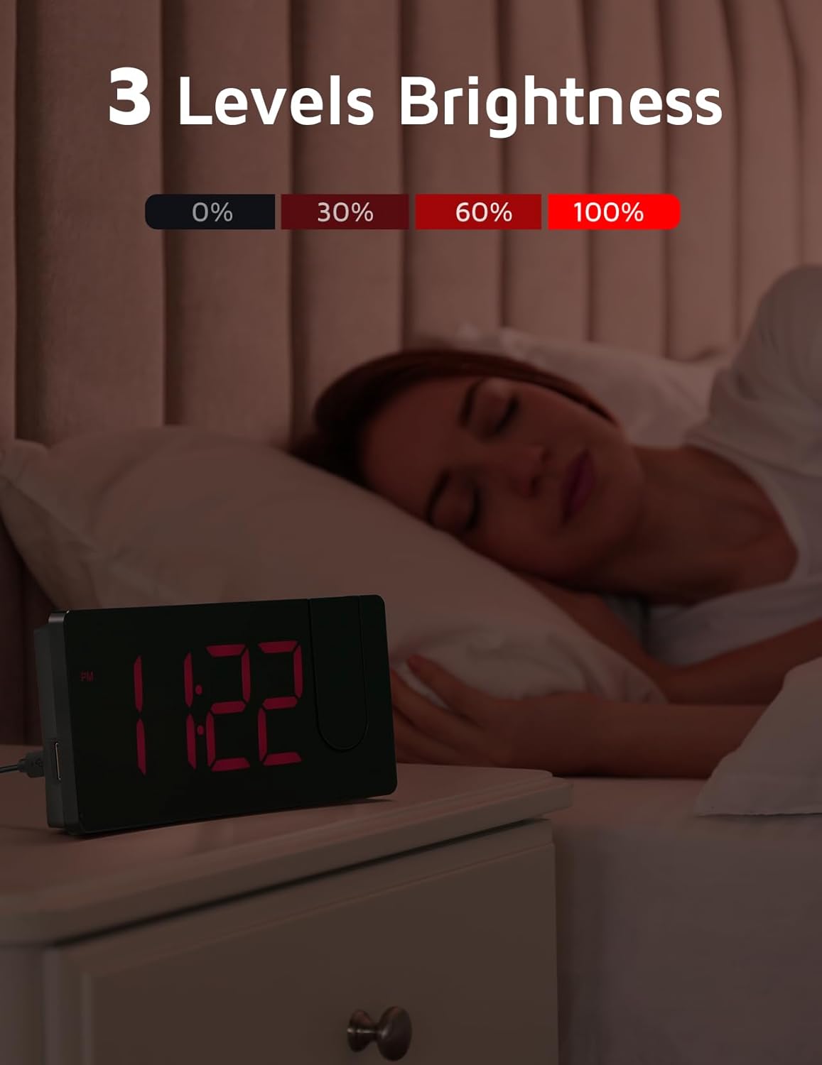 GOLOZA Projection Alarm Clock, Digital Clock with Modern Curved Design 180° Rotatable Projector, 3-Level Brightness Dimmer, Clear Blue LED Display, Progressive Volume, 9mins Snooze,12/24H, for Bedroom