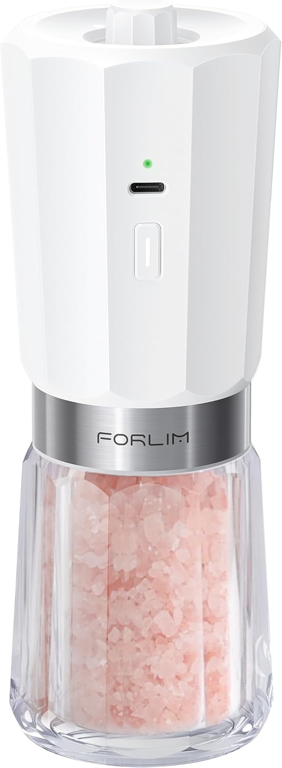 FORLIM 2-Speed Electric Salt and Pepper Grinder Set, 800mAh Rechargeable, Upgraded Auto-Reverse Clean After Stop, Pepper Shakes with White LED, Ceramic Grinding Core, Black & White