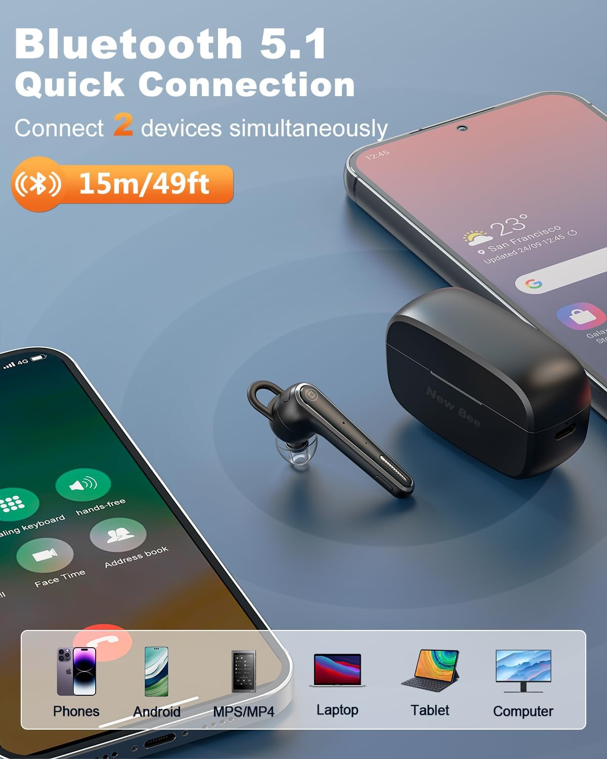 Bluetooth Headset V5.1 Bluetooth Earpiece with 500mAh Charging Case ENC Noise Canceling Mic, LED Battery Display Hands-Free Single-Ear Earbud for Cell Phone Business Calls