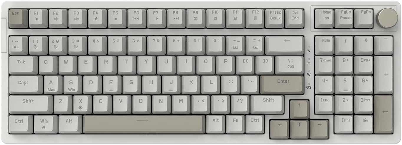 FIRSTBLOOD ONLY Game. AK992 Retro Wired Mechanical Keyboard, 98 Keys Full Layout, Hot-Swappable USB Gaming Keyboard with Red Switches, Multimedia Keys Knob, Blue Backlit, Anti-Ghosting, Grey