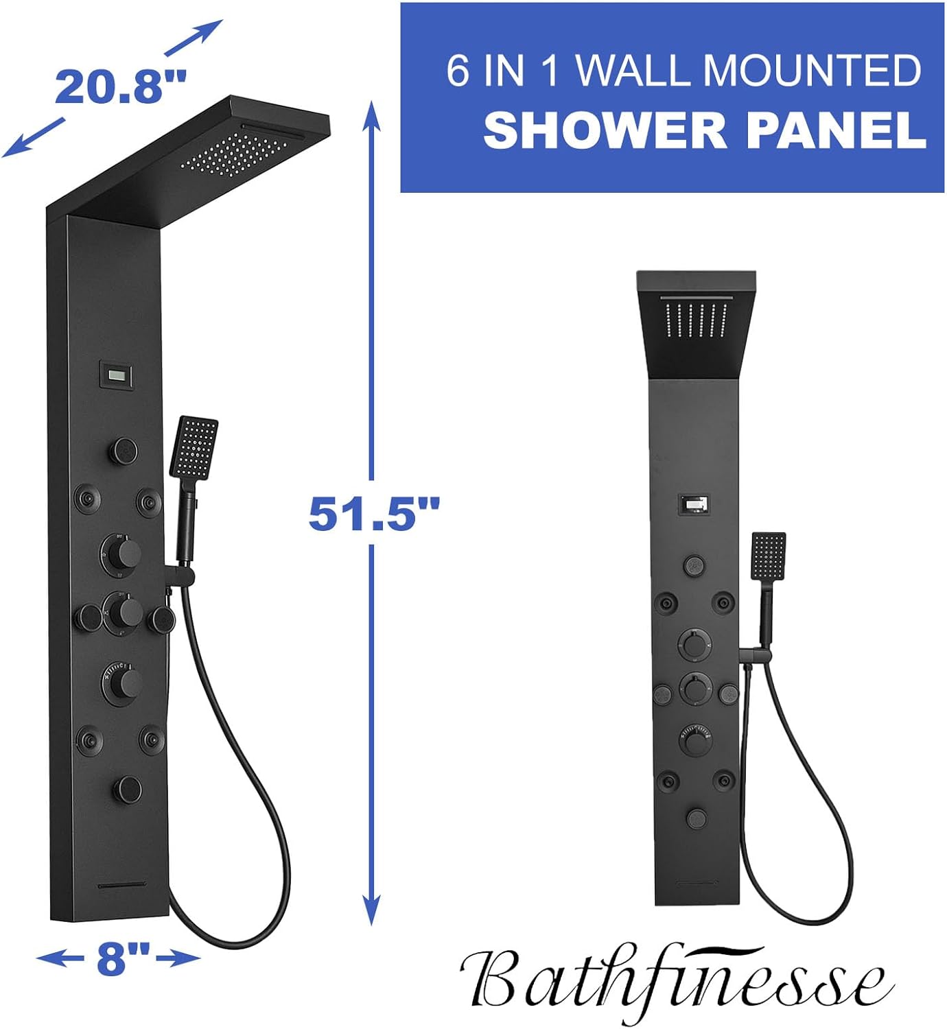 Bathfinesse Shower Tower Bathroom Shower Panel System Rain Massage System 6 in 1 Body Spray Jets Shower Wall Panels Rainfall Waterfall Shower Head Tub Spout with Temperature Display,Matte Black