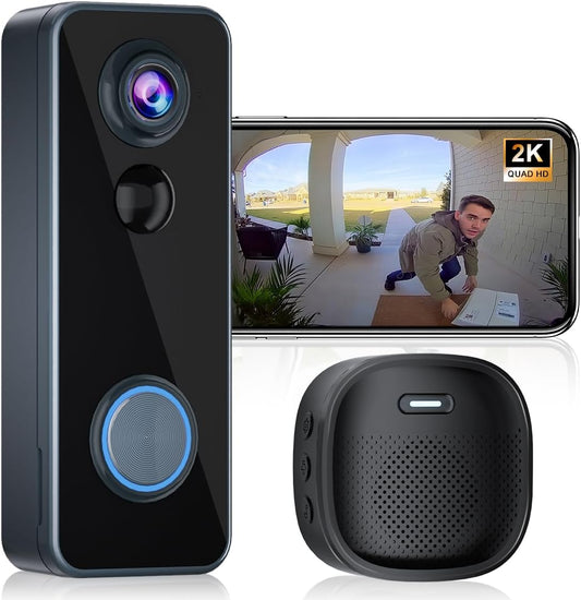 Doorbell Camera Wireless, Head-to-Toe Video, 2K HD Live View, Two-Way Talk,Smart Video Doorbell with Chime,no Subscription,Battery Powered,Motion Detection &Alerts,Works with Alexa &Google(2.4G WiFi)