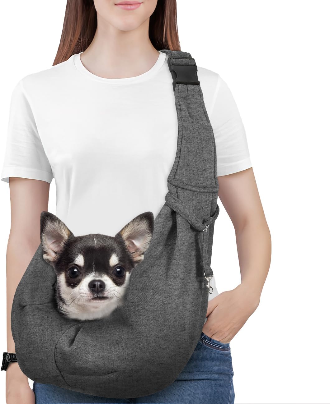 Pawaboo Small Dog Sling Carrier, Reversible Hands Free Dog Sling Carrier for Small Dogs and Cats, Puppy Sling Carrier with Adjustable Strap Buckle & Safety Harness, Puppy Essentials, Grey