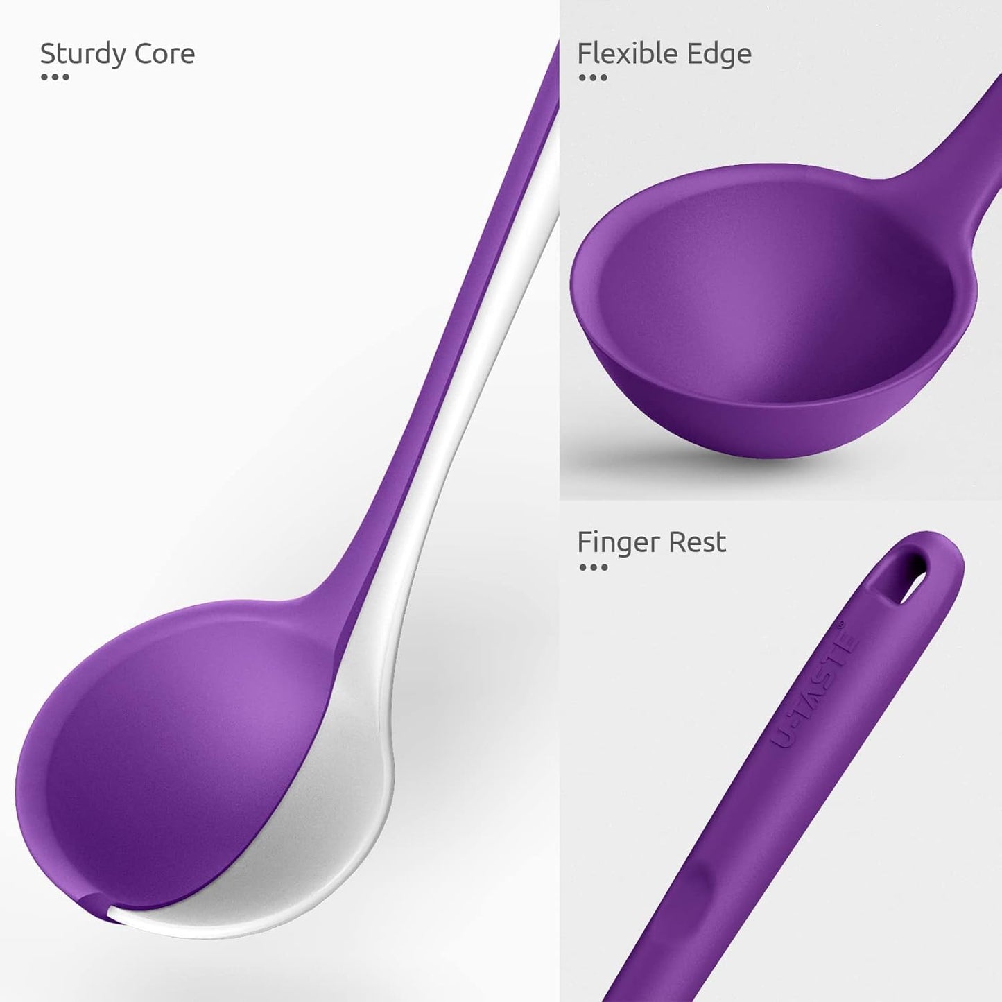 13 inch Silicone Soup Ladle: U-Taste 600ºF Heat Resistant 4 oz Large Non-Stick Seamless Rubber Kitchen Deep Serving Spoon with Non-Slip Solid Long Handle for Cooking Sauce/Stews/Gravies/Chili(Purple)