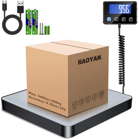 RAOYAN Shipping Scale, 440lb/0.5oz High Accuracy Digital Postal Scale with LCD Display, Hold/Tare Function, Shipping Scale for Package, Luggage, Warehouse (Including 2 Batteries, Charging Cable)