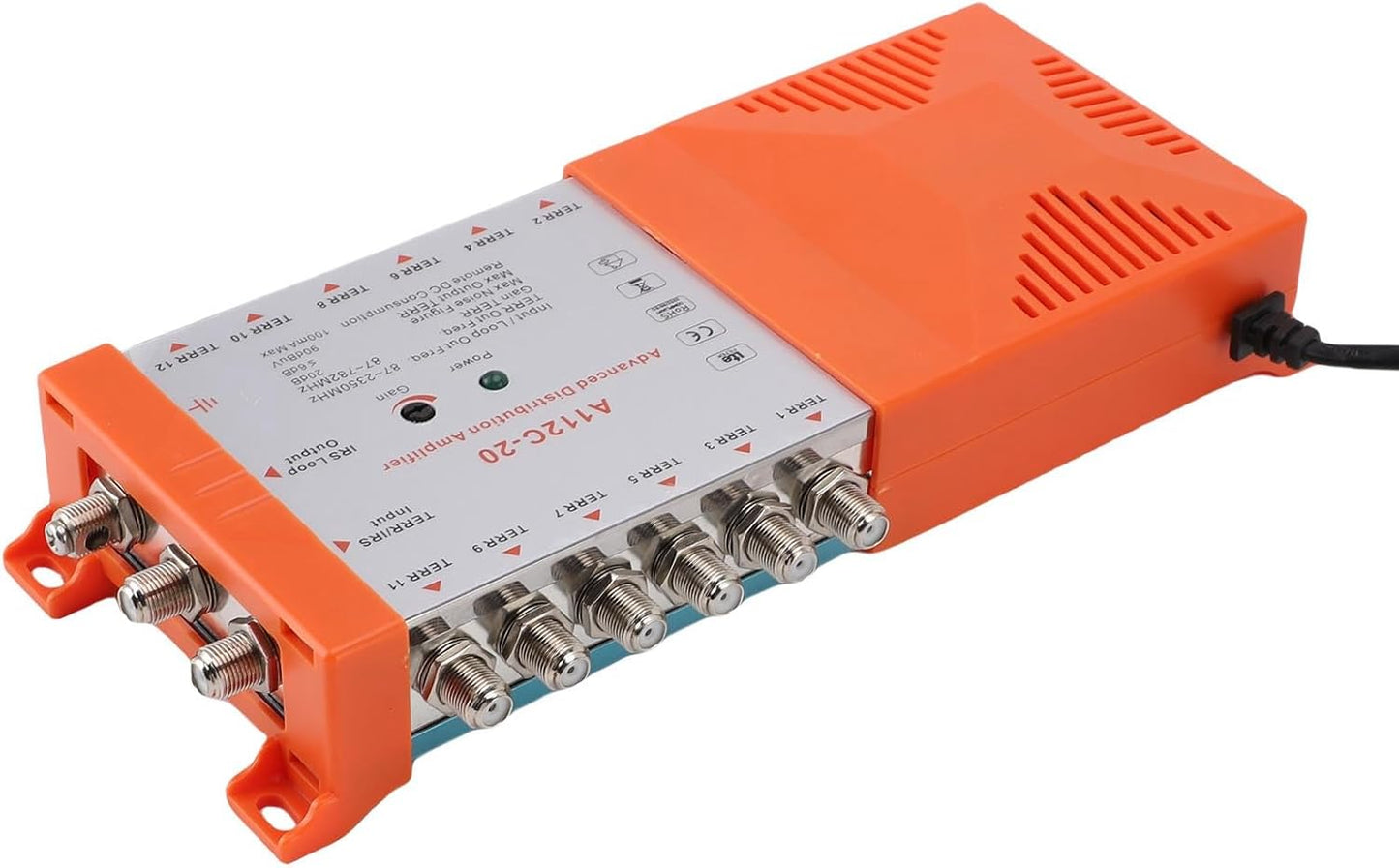 12 Channel Distribution Amplifier for TV CATV, Low Noise Figure ≤4dB, Seamless Connection to Multiple Televisions, Remote Powering, Compact Design, RED Compliant, (US Plug 110-120V)