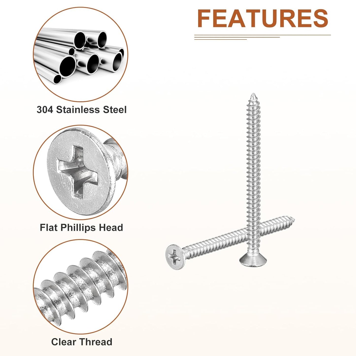 DTGN 100Pcs #8x1 Flat Head Wood Screws, 304 Stainless Steel Phillips Self Tapping Screws - Good for Woodworking, Furniture - Silver