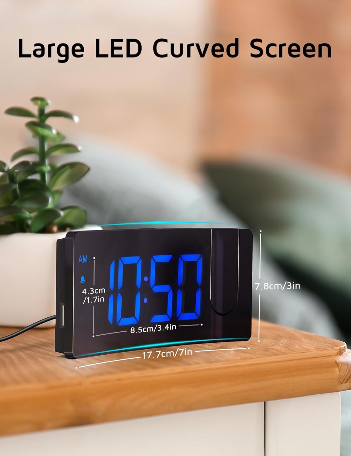GOLOZA Projection Alarm Clock, Digital Clock with Modern Curved Design 180° Rotatable Projector, 3-Level Brightness Dimmer, Clear Blue LED Display, Progressive Volume, 9mins Snooze,12/24H, for Bedroom