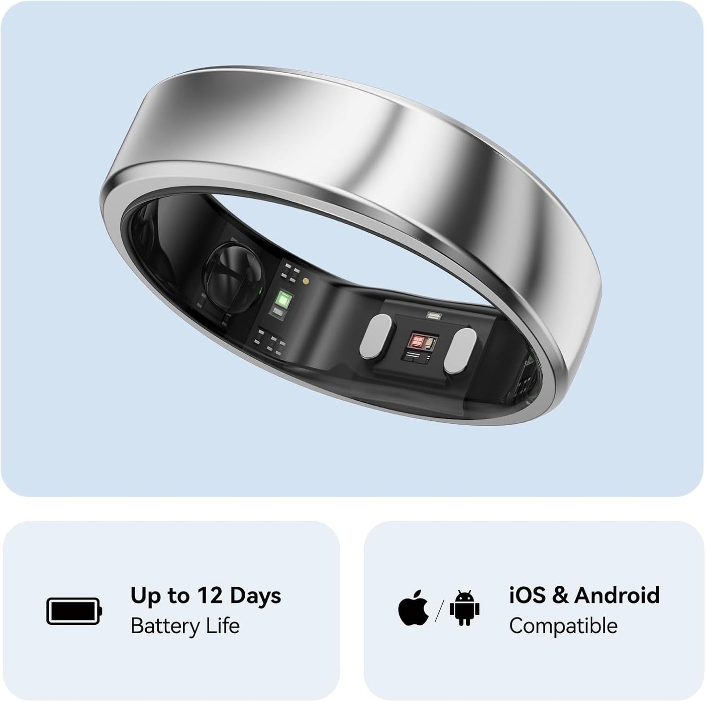 RingConn Gen 2 Smart Ring, No App Subscription, Size First with Sizing Kit, 12-Day Battery Life, Stress/Women's Health Tracker, Compatible with Android & iOS (Black, Size 8)