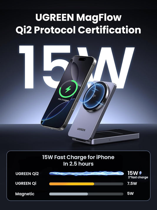UGREEN Qi2 15W 2 in 1 Wireless Charging Station Magsafe Qi2 Certified Foldable Fast Charger Stand Compatible with iPhone16 iPhone 15-12 Series, AirPods Pro/2/3/4, Portable Travel Dock (No Adapter) - PuriLite