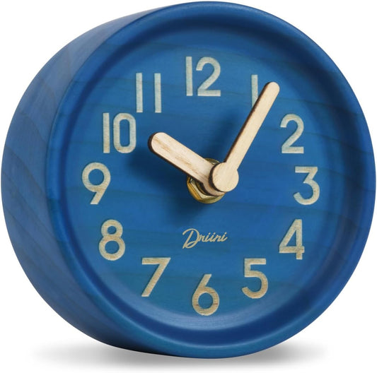 Driini Wooden Analog Desktop Clock – 4.3 in. Decorative Pinewood Clock, No-Tick Design – Easy to Read Silent Sweep Mantle Clock – Quiet Tabletop Clocks with Wood Body, Hands, & Battery Cover; Blue