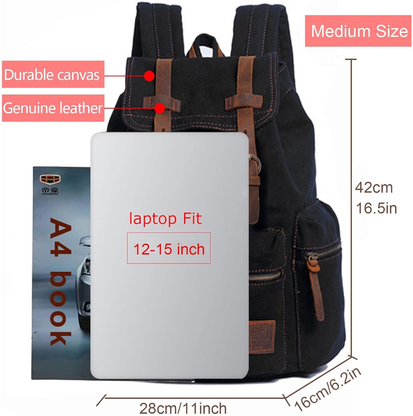 AUGUR Canvas Backpack,17 inch Laptop Backpack Vintage Canvas Leather Backpacks Casual School College Bag Pack Bookbag Hiking Travel Rucksack Daypack (L-Coffee)