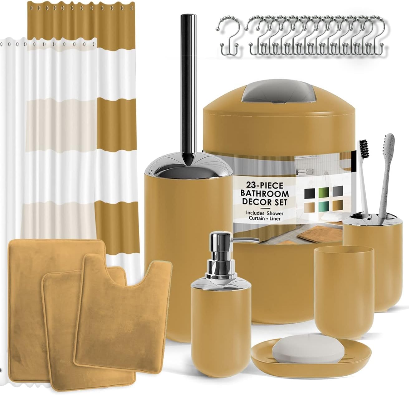 Clara Clark Bathroom Set - Gray Bathroom Accessories Set, Bathroom Sets with Shower Curtain and Rugs, 23PC Shower Curtain Set with Liner, Soap Dispenser, Soap Dish, Toilet Brush Holder, and Trash Can