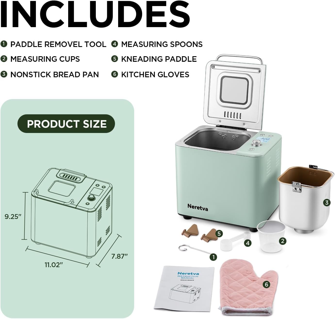 Neretva Bread Maker, 20-in-1 2LB Bread Machine Dual Heater & Nonstick Ceramic Pan Bread Makers Machine All Metal Compact for Gluten Free/Dough Maker/Meat Floss/Jam/Yogurt/Breadmaker Recipe-Light Green