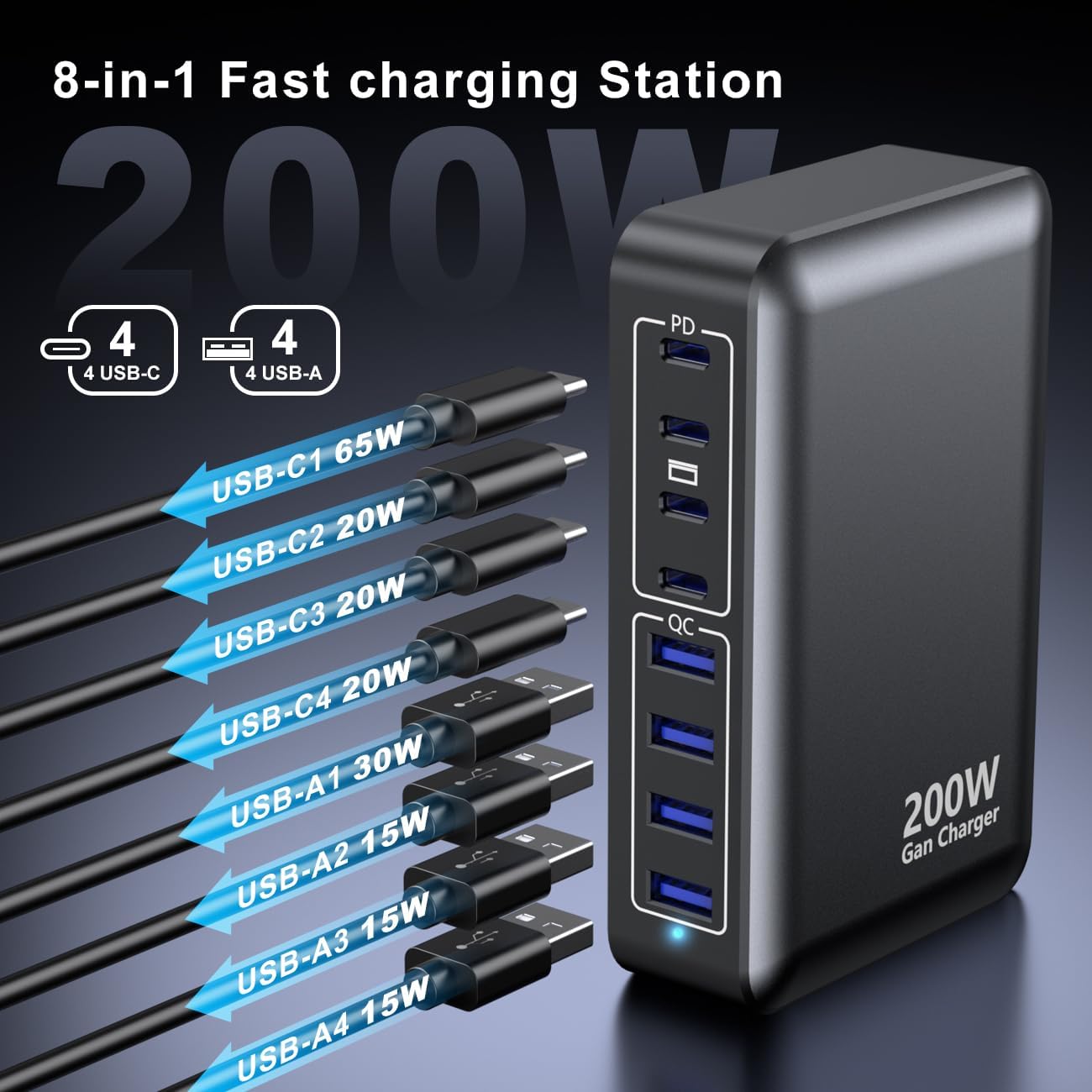 USB C Charger 200W Charger Block, 8-Ports Gan Fast Charging Station Hub, PD 65W Laptop Charging Adapter Compatible with MacBook Pro/Air, DELL, Steam Deck, iPhone 16/15/14, Galaxy S24/S23/S22
