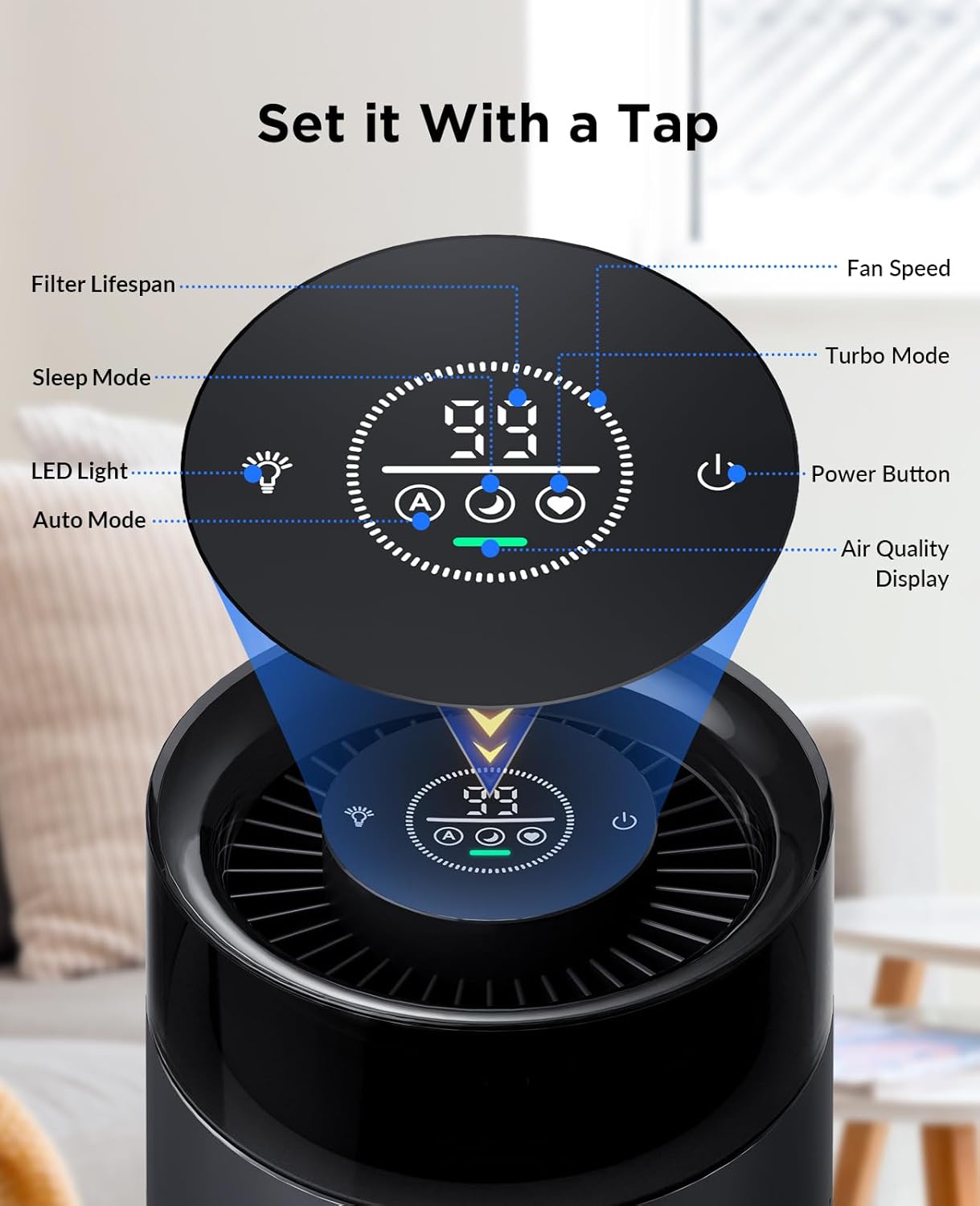 MSB5 Air Purifiers for Bedroom, H13 True HEPA Air Purifier for Home Room Office, 20dB Quiet Air Cleaner with Sleep Mode Colorful Night Light for Pets Dander, Smoke, Dust, Mold, Hair Smell, Allergies