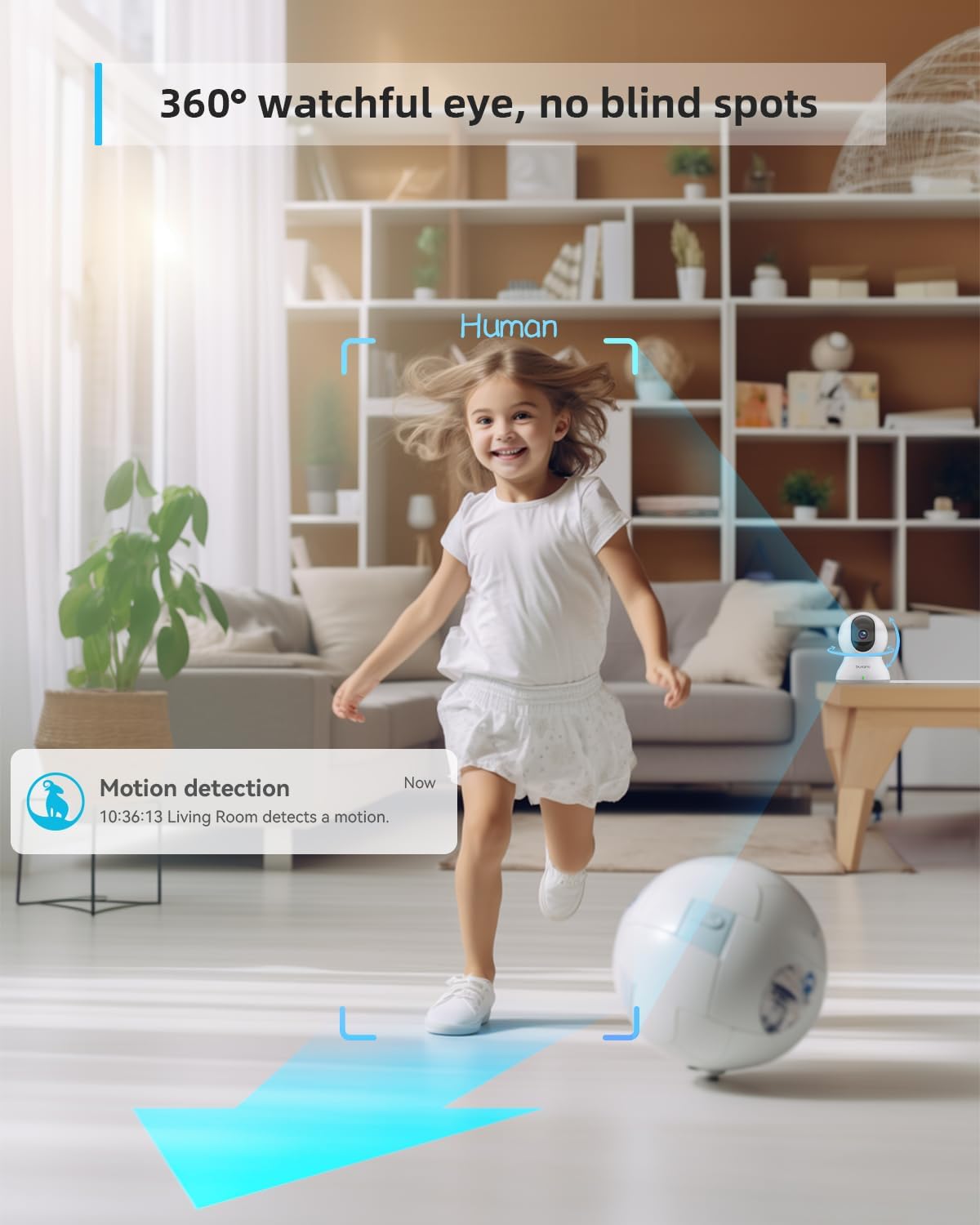 blurams Security Camera, 2K Indoor Camera 360-degree Pet Camera for Home Security w/ Motion Tracking, Phone App, 2-Way Audio, IR Night Vision, Siren, Works with Alexa & Google Assistant,White