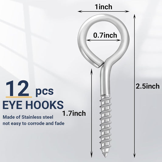 AUGSUN Eye Hooks, 12Pack 2.5 Inch Eye Hooks Heavy Duty 304 Stainless Steel Eye Screw,Screw Eyes Metal Screw Hooks Ring Screws Fasteners Hardware Tools - PuriLite