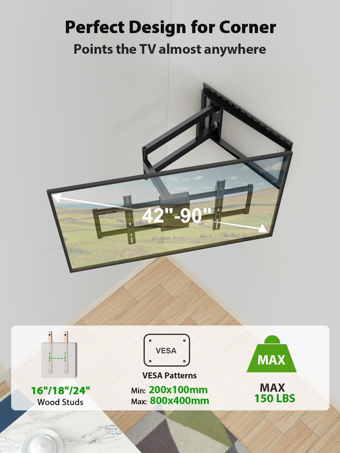 USX MOUNT Long Arm TV Wall Mount for Most 42-90 Inch TV up to 150 Lbs, 40 Inch Extension Full Motion TV Mount Swivel Tilt, Wall Mount TV Bracket Fit Wood Stud up to 24 Inch, Max VESA 800x400mm, XML035