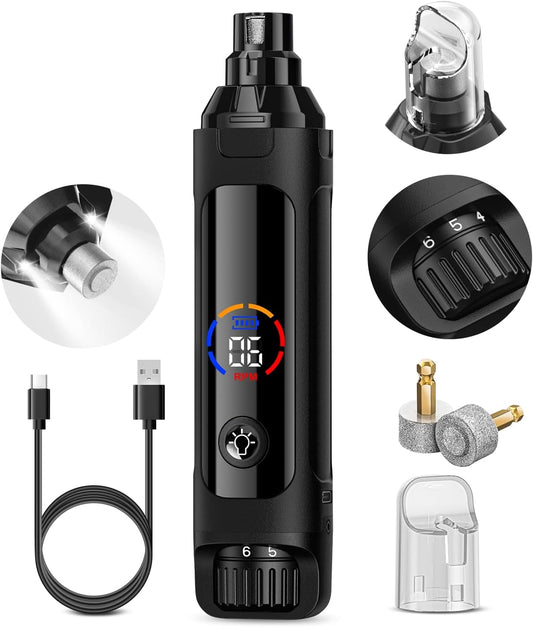 Dog Nail Grinder 6-Speed Adjustable with Dual LED Bloodline Lights – 38dB Ultra-Quiet Pet Nail Trimmer, Color Display for Safe Grooming of Small to Large Dogs (Black)