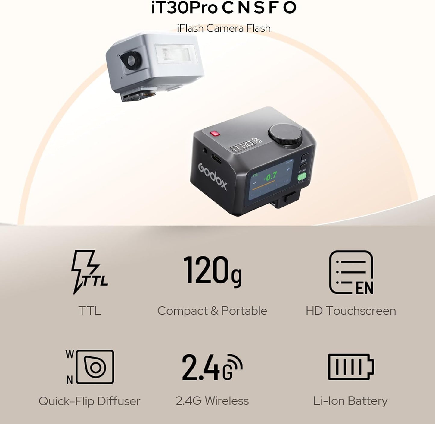 GODOX IT30Pro TTL Mini Camera Flash Light,Full-Color Touchscreen,2.4GHz X System,Built-in Diffuser and Battery (for Canon)