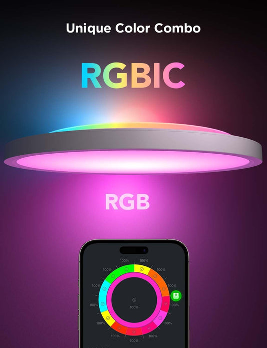 Govee Smart Ceiling Light, RGBIC LED Ceiling Light Fixture, 2400LM Flush Mount Light Fixture, 16 Million DIY Colors, Works with Alexa, 2200K-6500K Ceiling Lights for Bedroom, Living Room, 12 Inch - PuriLite
