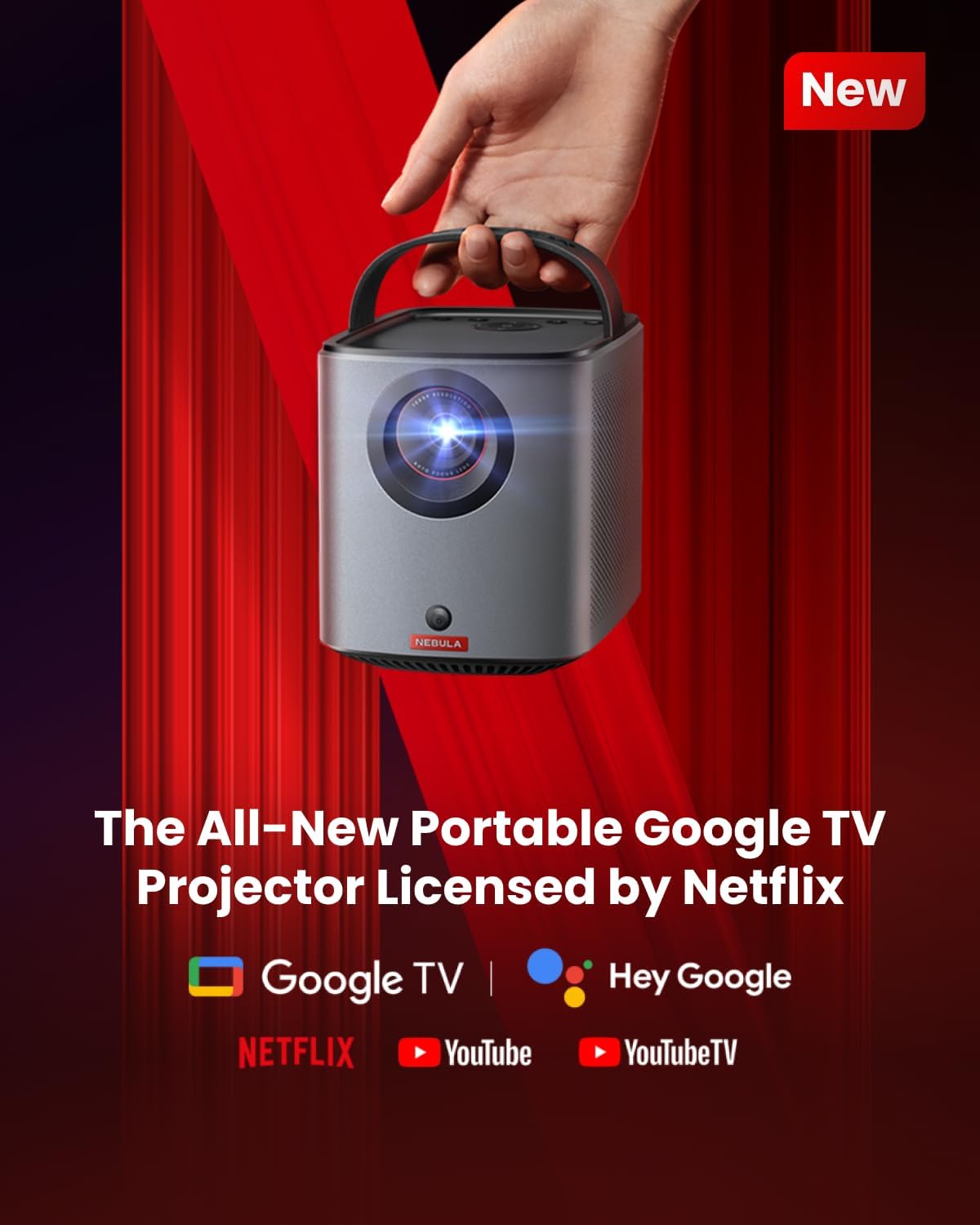 NEBULA Mars 3 Air GTV Projector - Netflix Officially Licensed, 400 ANSI-Lumen Brightness, Native 1080P, Dolby Digital Sound,150-Inch Picture, Built-in Battery for 2.5 Hours of Playtime Anywhere.