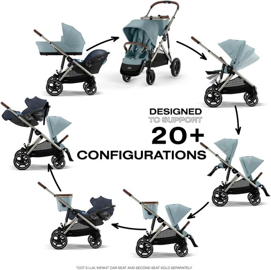 Cybex Gazelle S 2 Stroller – Modular Double Stroller for Infant and Toddler, Includes Detachable Shopping Basket, Over 20+ Configurations, Folds Flat for Easy Storage - Sky Blue/Taupe Frame - PuriLite