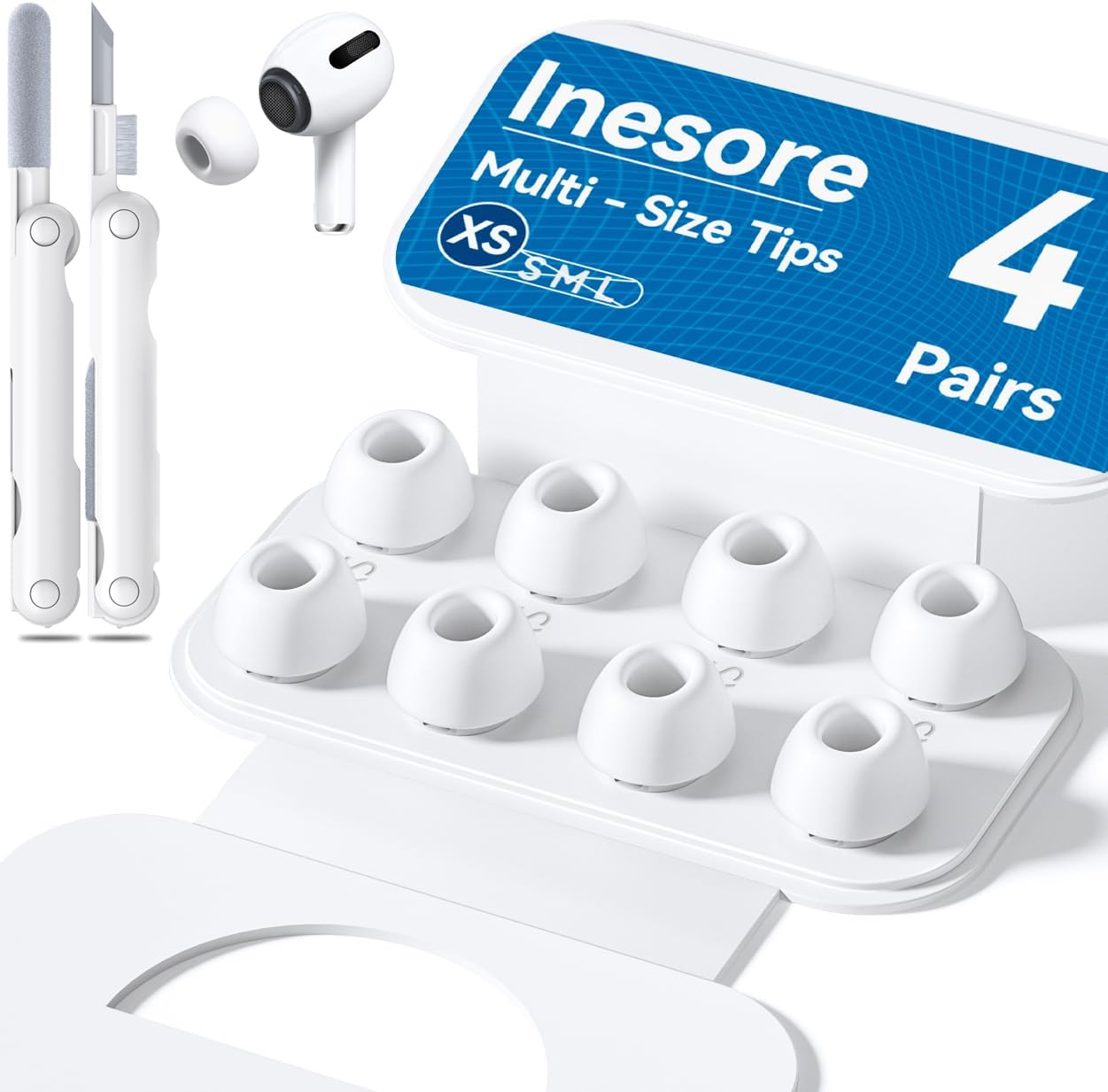 4 Pairs Replacement Ear Tips for AirPods Pro 2nd/1st Generation with Portable Storage Box & Cleaner Pen,Noise Reduction Holewith & Built-in dust Guard Screen,Silicone Ear Tips for AirPods Pro (White)