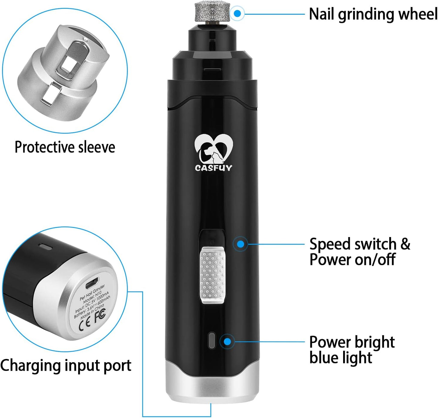 Casfuy Dog Nail Grinder Upgraded - Professional 2-Speed Electric Rechargeable Pet Nail Trimmer Painless Paws Grooming & Smoothing for Small Medium Large Dogs & Cats (White)