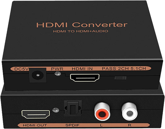 1080P HDMI Audio Extractor, HDMI to HDMI Audio (L/R RCA + Toslink Optical SPDIF) Video Converter Adapter Splitter with Optical Fiber Cable for PS3 PS4 Blu-ray DVD Player Sky HD Box