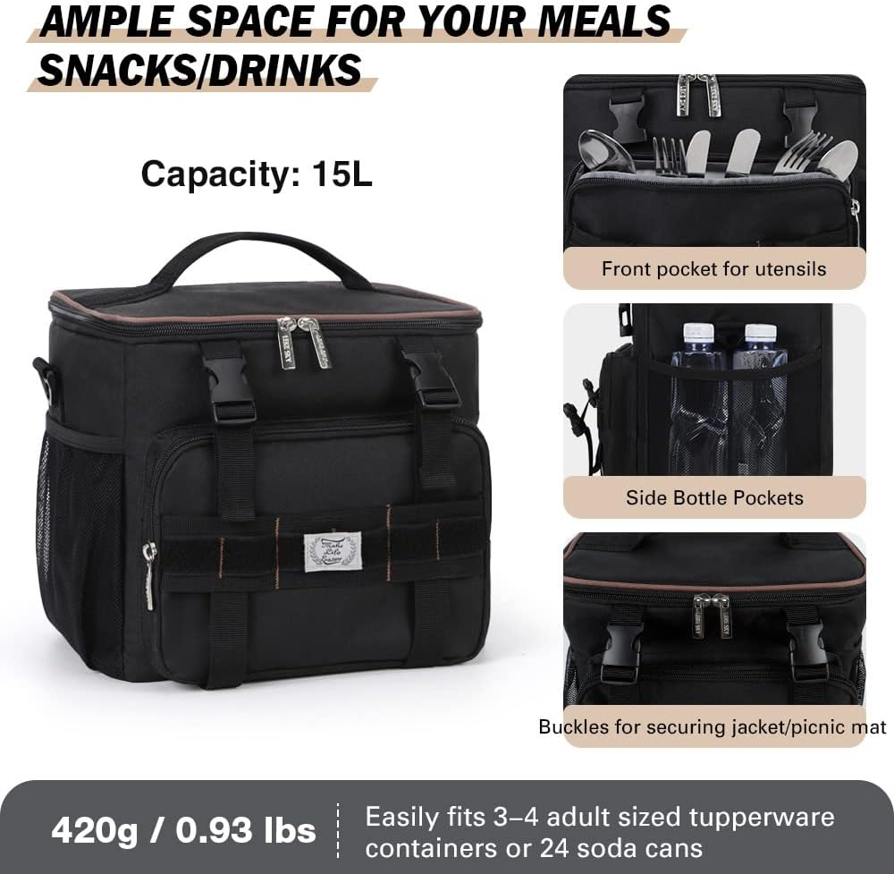 Lekebobor Tactical Lunch Bag for Men, Leakproof Large Insulated Lunch Box with Molle, Waterproof Cooler Bag for Adults Men Outdoor Picnic Travel Office, 24Can (15L), Black