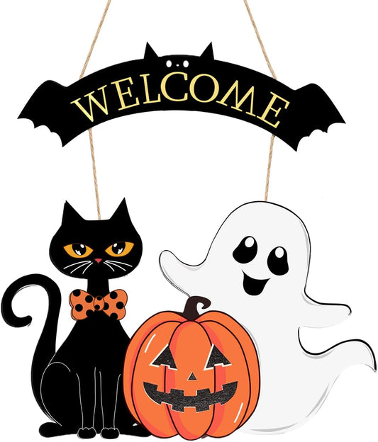 Halloween Decoration Wooden Ghost Door Wreath for Front Door Sign Wall Signs, Pumpkin Black Cat Happy Halloween Sign Hanging for Home Wall Decor Halloween Party Outdoor Indoor Supply