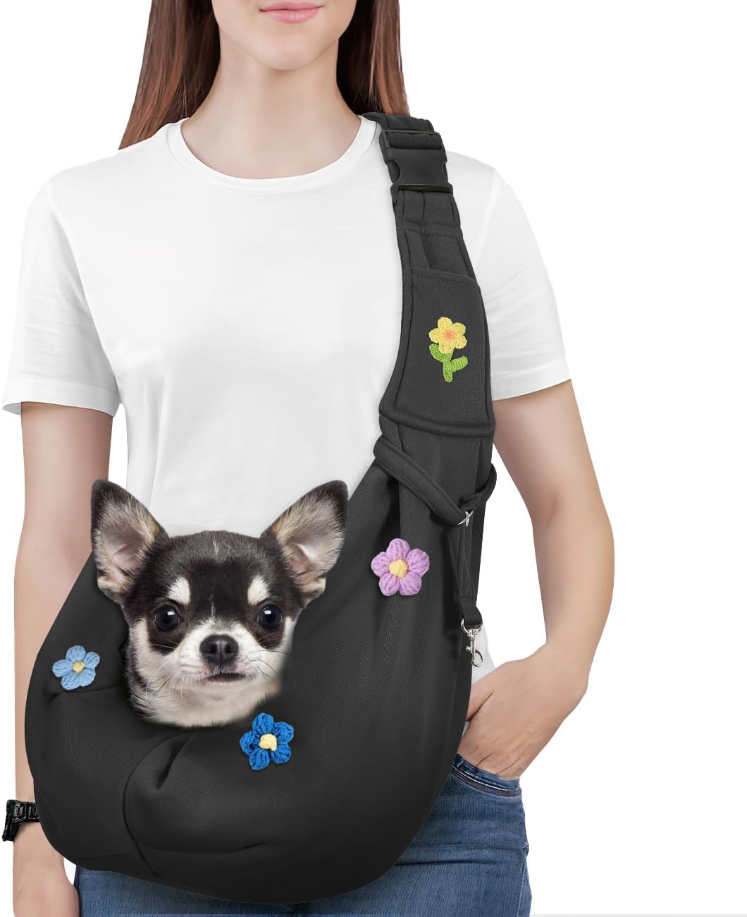 Pawaboo Small Dog Sling Carrier, Reversible Hands Free Dog Sling Carrier for Small Dogs and Cats, Puppy Sling Carrier with Adjustable Strap Buckle & Safety Harness, Puppy Essentials, Grey