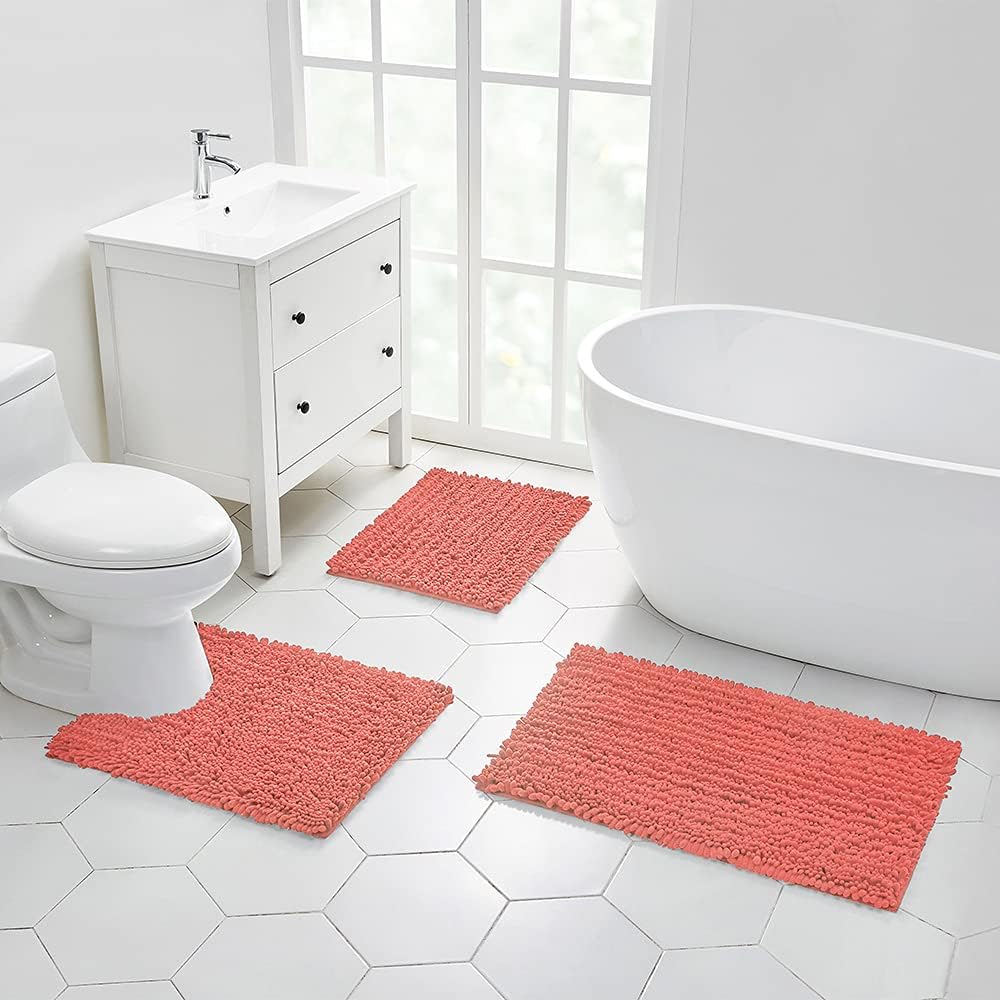 Walensee Bathroom Rug Non Slip Bath Mat (24x17 Inch Blush) Water Absorbent Super Soft Shaggy Chenille Machine Washable Dry Extra Thick Perfect Absorbant Best Small Plush Carpet for Shower Floor