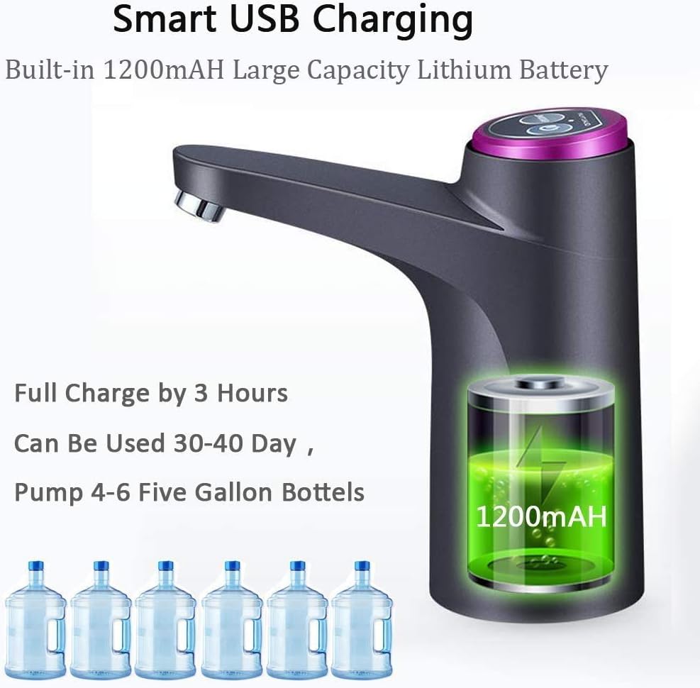 Cozy Blue Water Dispenser, Portable Water Bottle Pump for Universal 3, 4 and 5 Gallon with USB Electric Charging and Automatic Off Switch (Black)