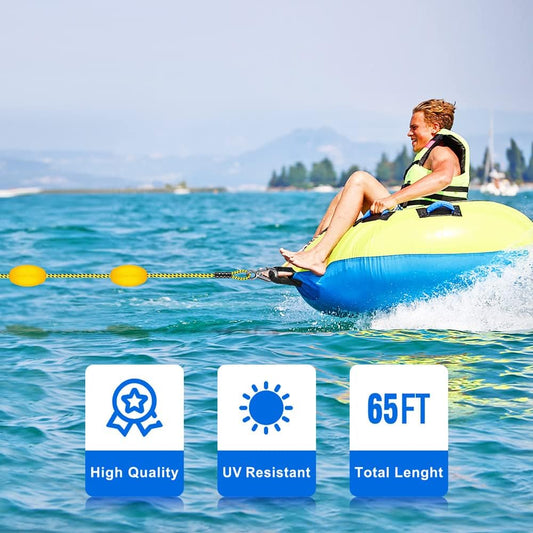 SELEWARE 65ft Tow Rope, Boating Tow Ropes for 1-4 Rider Towable Tubes, W/Floats, Stainless Steel Hook at Each end, idear for Water Sports - PuriLite