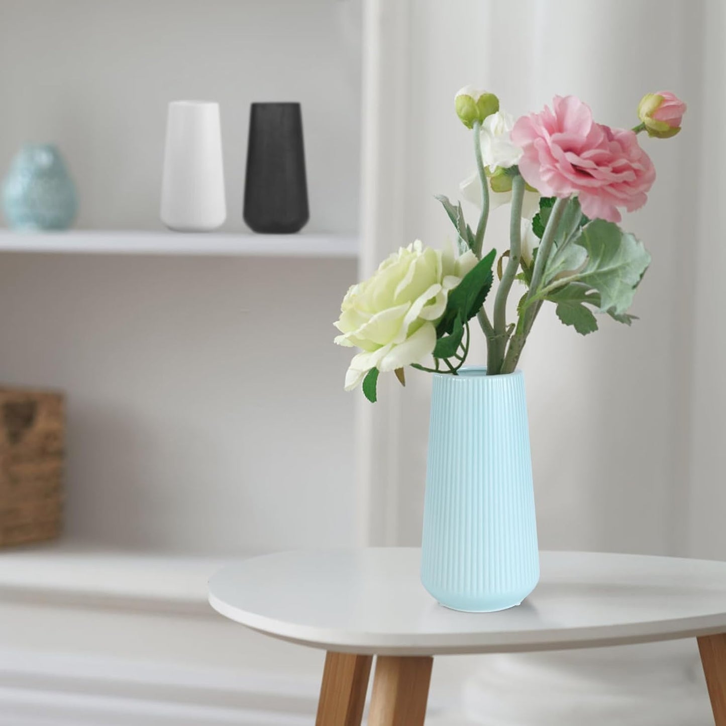 White Ceramic Vase, GUKJOB Small Cute Flower Vase for Pampas Grass, Home, Living Room, Dining Table, Farmhouse, Office Decor, Bedroom, Table, and Kitchen Shelf (White)