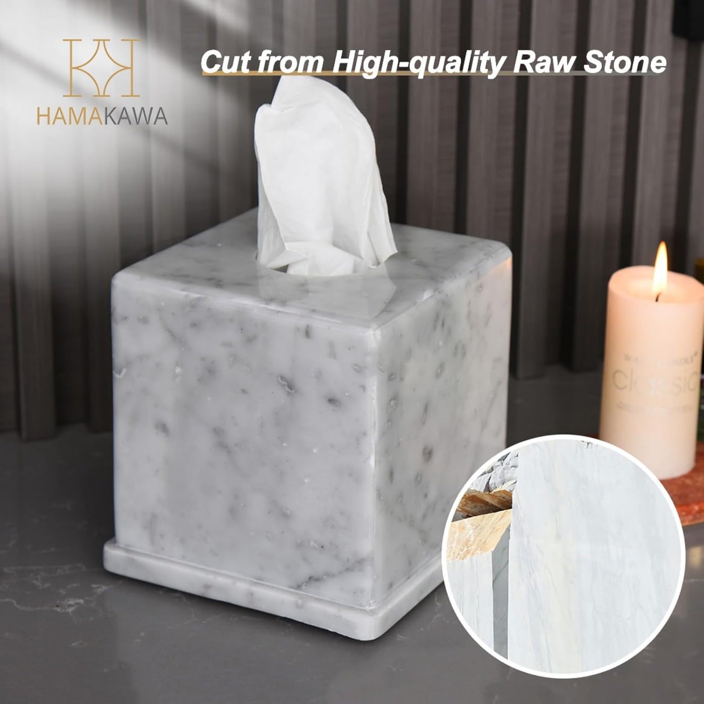 HAMAKAWA Natural Marble Tissue Box Cover, Carrara White Tissue Organizer 6 Inch, Heavy Stone Decorative Box, Square Tissue Box Holder for Home Decor, Kitchen, Bathroom, Bedroom