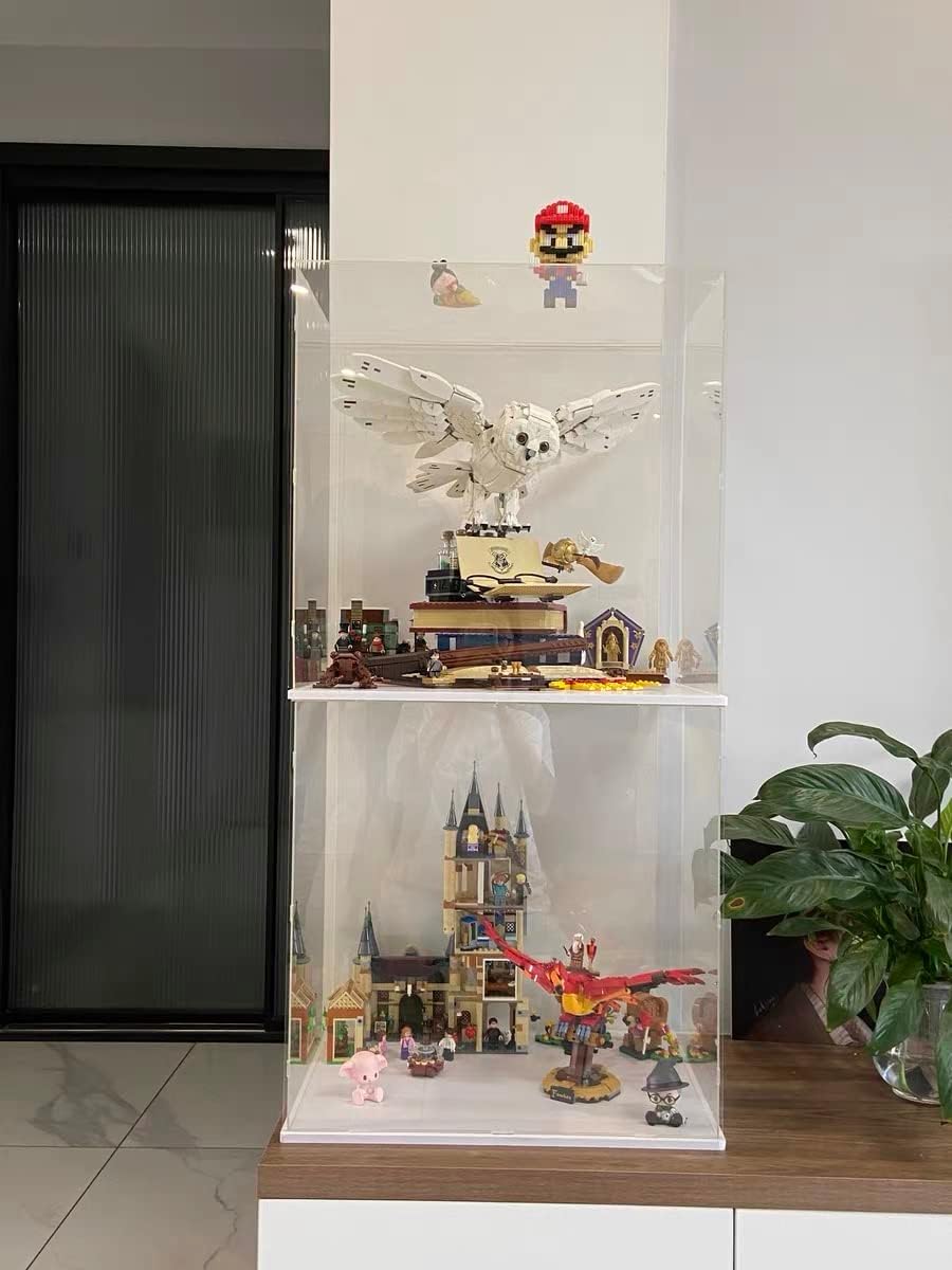 Thickened Clear Acrylic Display Case for Lego 10330 43268 76450 42170 10295 10353 Collectibles, Transparent Box Dustproof Protection with Wood-Plastic Base & String Light, Black Inside 40x20x20cm