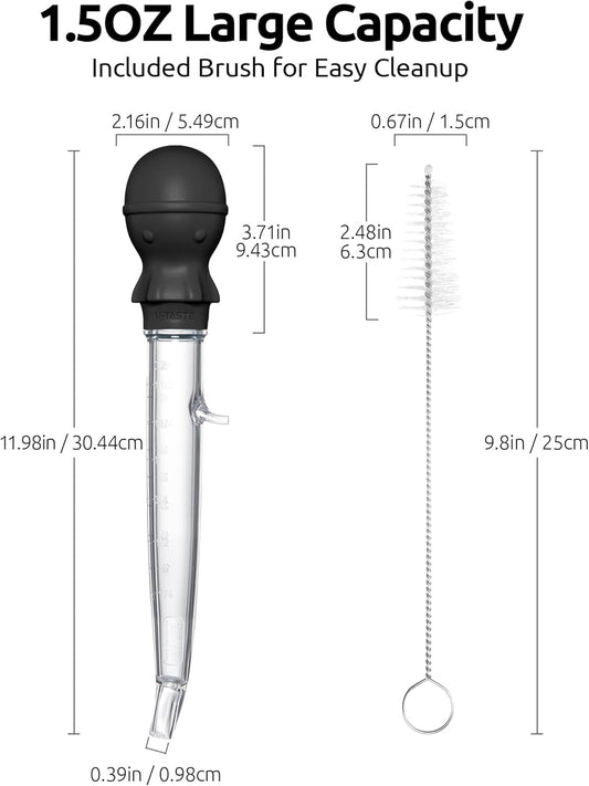 U-Taste 1.5oz Angled Turkey Baster - 228.2ºF Heat Resistant Food Grade Silicone Large Octopus Bulb Baster Set with Cleaning Brush for Cooking Basting Meat Poultry Beef Chicken (Black) - PuriLite