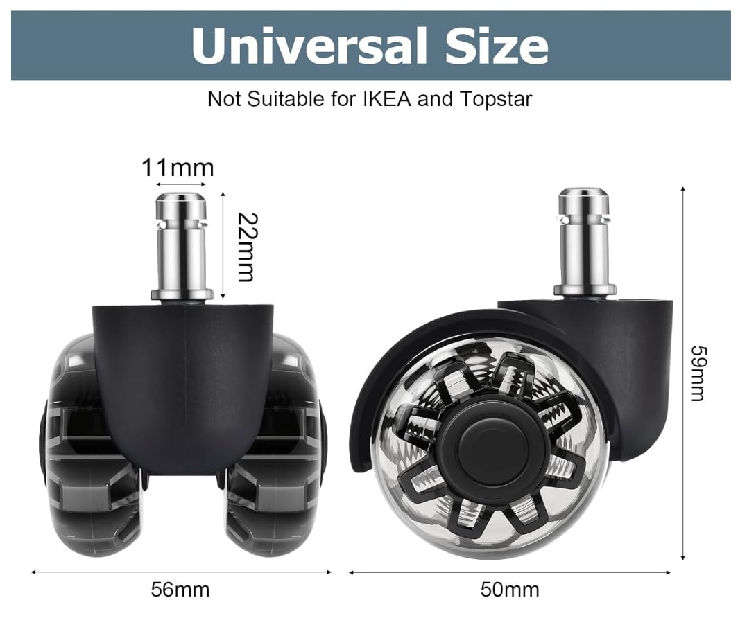 MotionGrey - Premium Dual Office Chair Wheels Replacement for Hardwood Floors, Chair Casters Replacement, Heavy Duty Desk Chair Wheels for Replacing Chair Mat, Rollerblade Casters
