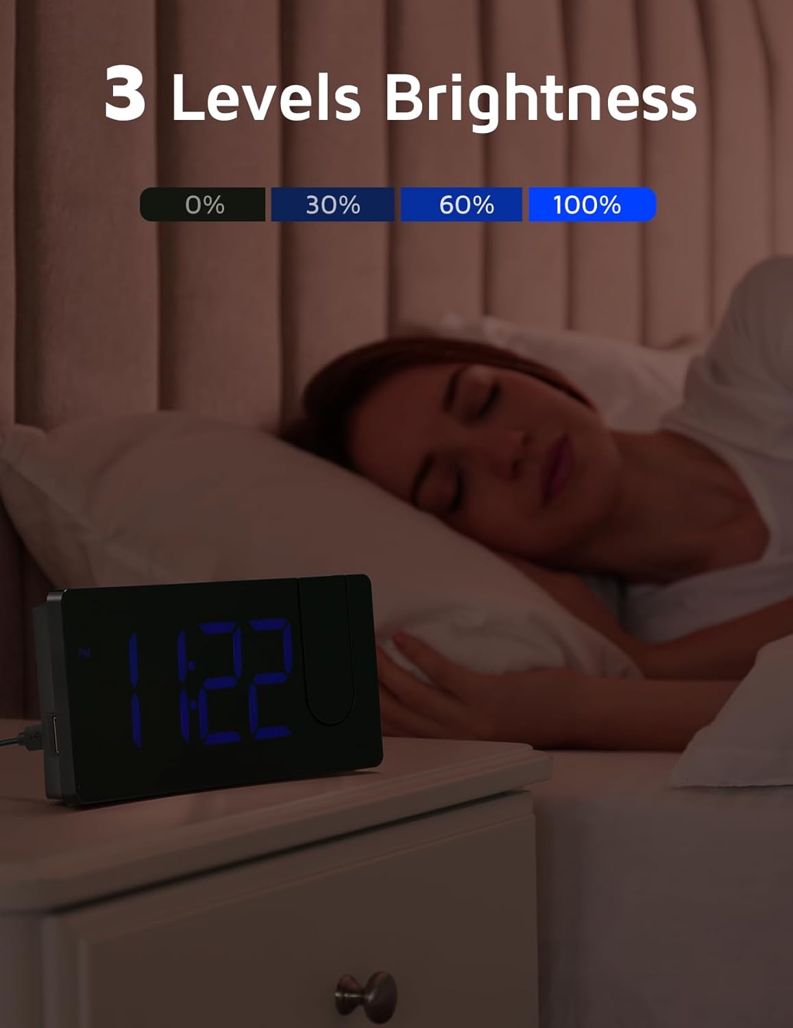 GOLOZA Projection Alarm Clock, Digital Clock with Modern Curved Design 180° Rotatable Projector, 3-Level Brightness Dimmer, Clear Blue LED Display, Progressive Volume, 9mins Snooze,12/24H, for Bedroom