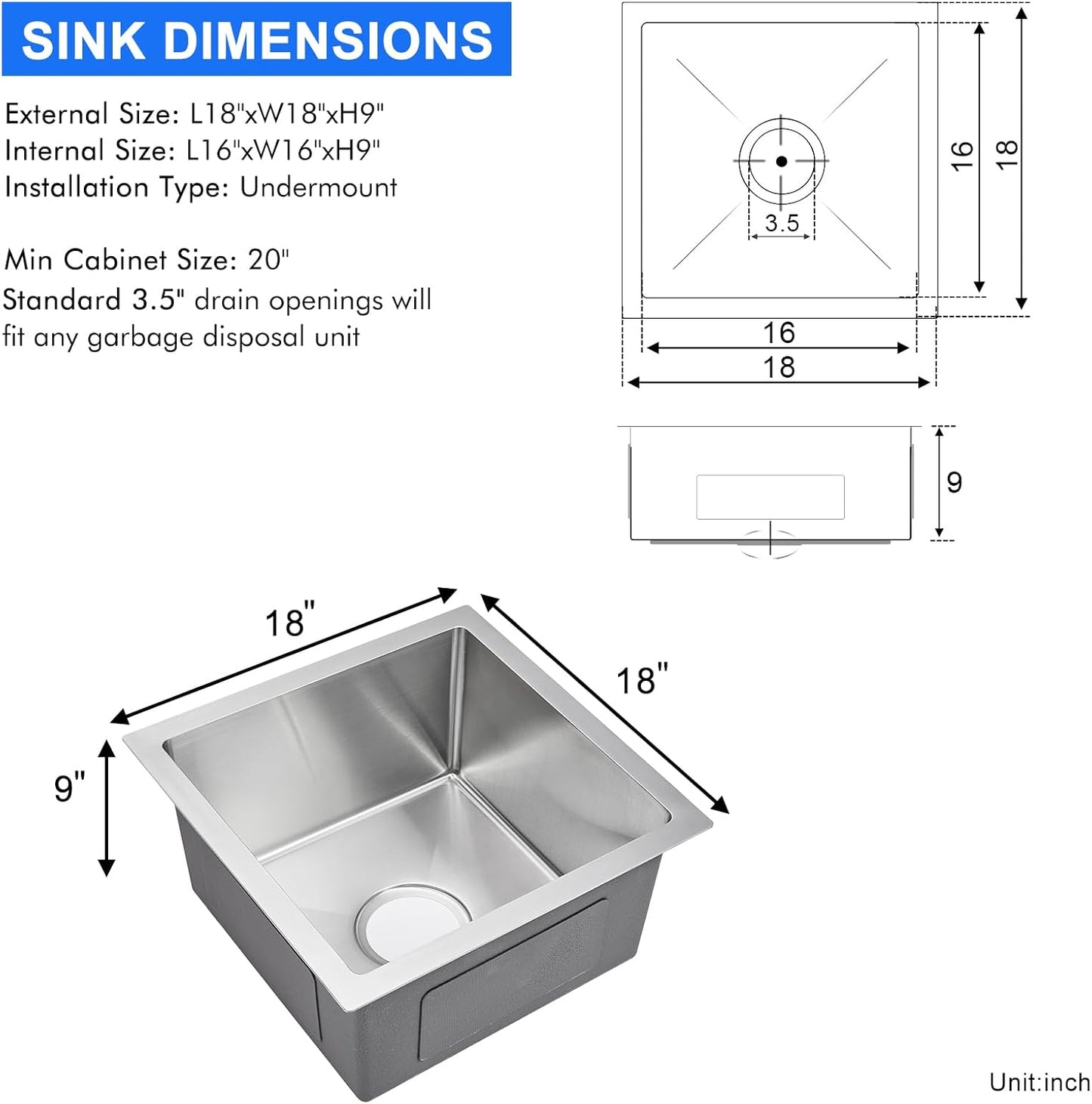 MENATT 20-inch Undermount Kitchen Sink, SUS304 Stainless Steel Handmade Single Bowl Kitchen Sink with Sink Strainer (Brushed), 20"x16"x9"